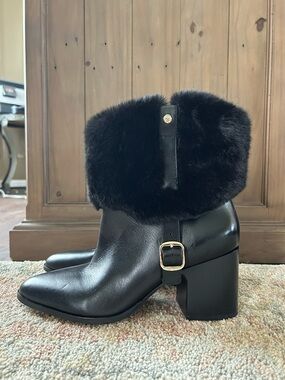 Vince Camuto Black Faux-Fur Cuff Block Heel Ankle Boots